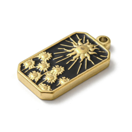 304 RVS Bedel emaille rechtoek zwart zon goud kleur  Afm: 25,5 x 13 x 3mm Ø 2mm