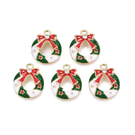 2 x  Metalen epoxy bedels kerstkrans groen wit rood met strass (Nikkelvrij)