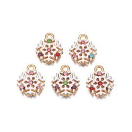 1 x  Bedel metaal emaille sneeuwvlok wit met zirkonia steentjes ca. 16x13mm (Ø1,8mm) (Nikkelvrij)