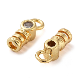 2 x Messing koordeindjes, eindkapjes met zirconia, 18k Gold plated, 10 x 3,5 x 3 mm, gat: 1,5 mm, Ø 1,5 mm