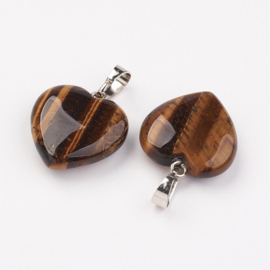 1 x Edelsteen hanger natuurlijke Tijgeroog hart 22-23 x 20-20,5 x 6-7,5 mm – oogje 5 x 8 mm – platinumkleur