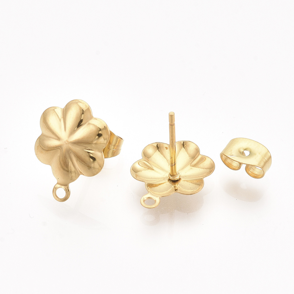 2 x oorbelsteker bloem – ca. 13,5 x 10 mm – oogje: 1 mm – steker: 0,7 mm – 304 roestvrij staal – goudkleur