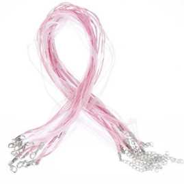 Koord ketting van organza lint en waxkoord c.a. 50cm roze