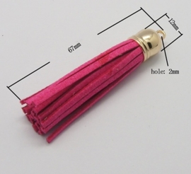 2 x Prachtig kwastje van suede  en messing  12 x 67mm fuchsia met gouden kapje