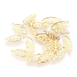 2 x RVS 304 bedel van een blad Real 18k Gold Plated, 13 x 5,5 x 0,2mm, oogje 0,8mm