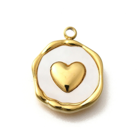 RVS 304 Ion Plating (ip) Bedel met schelp rond hartje wit, 18K goldplated 15,5 x 12,5 x 2,5mm oogje 1,5mm