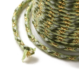 1 rol Metallic gevlochten koord – katoen/polyester mix – 1,5 mm – Olive Drab met goudkleurige draad – 4 meter