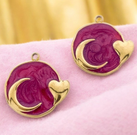 1 x RVS 304  Bedel rond maan en hartje Dark Red, 18K goldplated 17,5 x 17 x 2mm oogje: 1,4mm