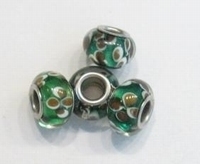 Per stuk Glaskraal European-style groen met bruine bloemen 13 mm