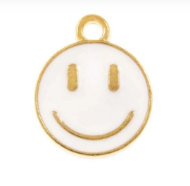 2 x Bedel Enamel light gold Smiley 14,5 x 12mm oogje: 1,5mm white   