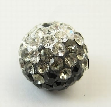 2 x Shamballa kralen – polymer clay met strass – zwart/grijs/wit – 10 mm – gat ca. 2 mm