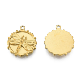 1 x Ion Plating(IP) 304 RVS 304 bedel Libelle Real 18K Gold Plated, 21 x 18 x 2,5mm oogje 1,6mm