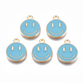 2 x Bedel Enamel light gold Smiley 14,5 x 12mm oogje: 1,5mm deep sky blue