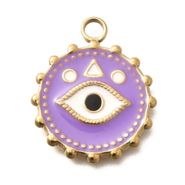 1 x RVS 304 Ion Plating (ip) ronde bedel met evil eye lila, goud kleur 21,5 x 18 x 2mm oogje 2,5mm