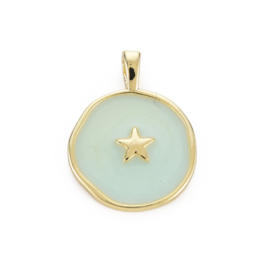 Bedel rond ster aquamarine, 16K goldplated 20,5 x 15,5 x 4,5 mm oogje 2.5 x 3mm (Nikkelvrij)