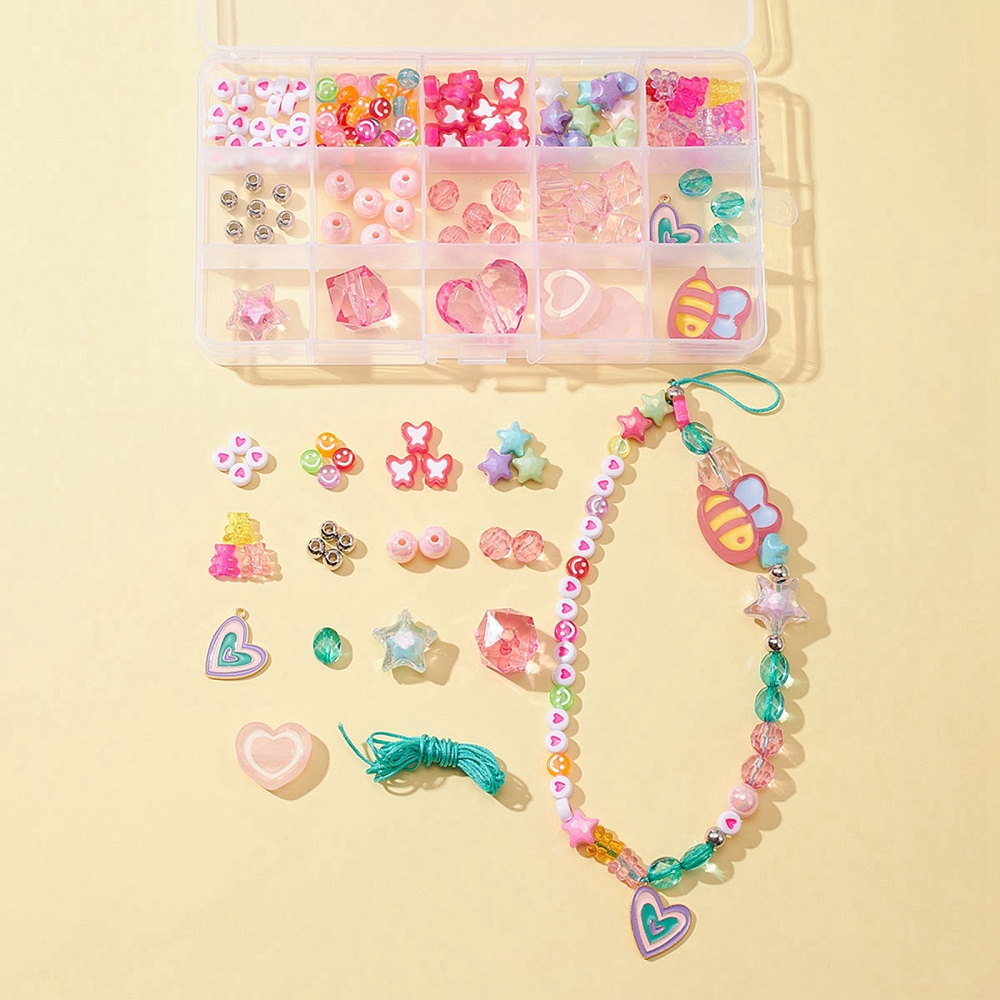 Kinder DIY armbandjes maken set – vrolijke kralen, bedels en draad – gemixte kleuren – inclusief opbergdoos
