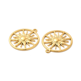 1 x Ion Plating (IP) RVS 304 Ronde Zon bedel Real 18k Gold Plated, 26,5 x 24 x 2,5mm oogje 1,4 mm