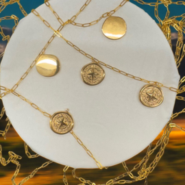 1 x  PVD Vacuum Plating RVS 201 Munt Bedeltje Kompas Real 18K Gold Plated, 21 x 19,5 x 2,5mm Oogje: 1,4mm