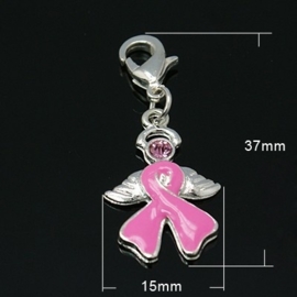 Clip On Pink Ribbon bedeltje met strass steentje 15 x 23,5 x 2mm gat: 1,5mm ♥