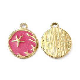 1 x RVS 201 PVD vacuum plating ronde bedel met zeester,  Camellia kleur 18K Gold plated 19 x 15 x 2mm oogje 2,6mm