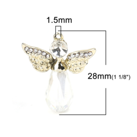 Metalen en Crystal hanger bedel engel met strass christal goud 28mm x 25mm oogje 1,5mm