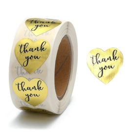 1 rol 500 stickers Wensetiket zegel hart 25mm Thank you Goud kleur