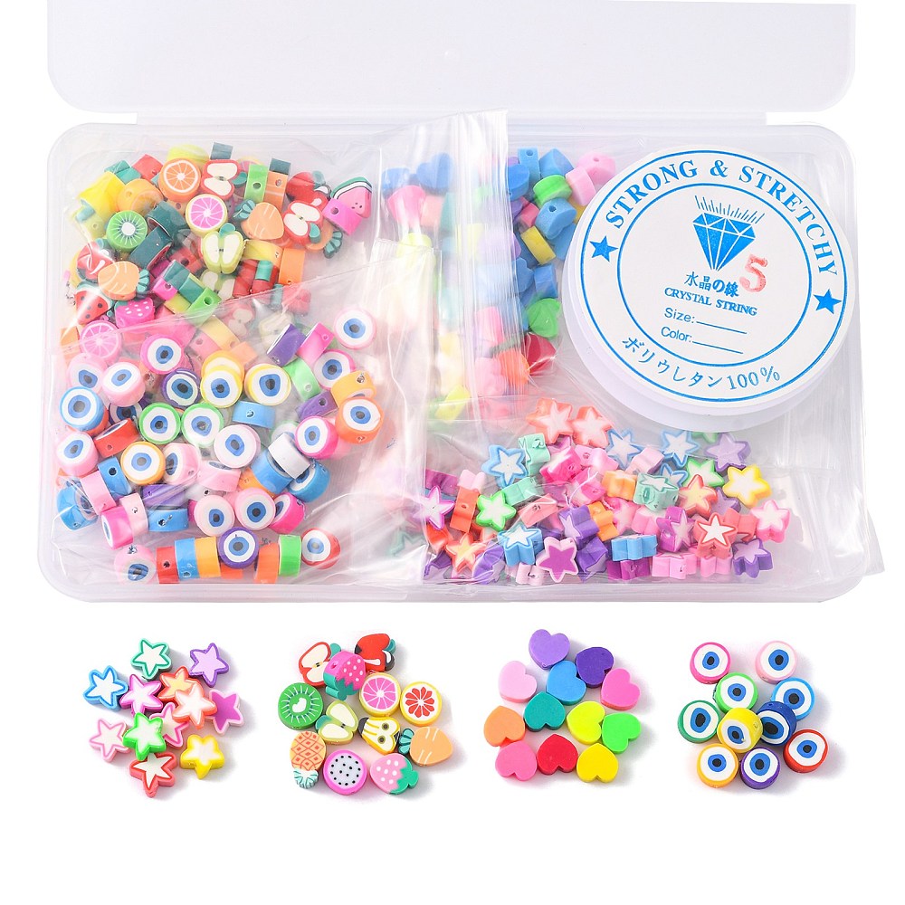 1 x 320 stuks hartjes, fruit en geometrische polymeerklei kralen + 1 rol elastisch kristaldraad – gemixte kleuren – inclusief opbergdoosje