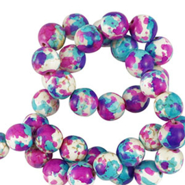 10 x  Kralen keramiek 8mm White-purple blue (Ø1.5mm)(in bestselling)