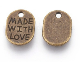 10 x Metalen bedeltje "Made with love" 17 x 11 x 1,5mm  gat: 1,5mm geel koperkleur ♥