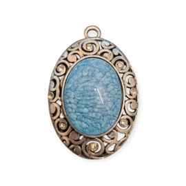 Grote metalen hanger antiek zilverkleur voor een sjaal of ketting  sjaal bedel met blauwe natuursteen 50 x 76 x 25mm, Gat: c.a. 6mm
