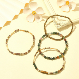 1 x set van 4 edelsteen armbandjes – Indian Agate, Tijgeroog & glaskralen – elastisch – ca. Ø 54 mm