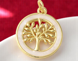 1 x Bedel wit emaille rond Tree of life, 18K Gold plated 20 x 17,5 x 3mm oogje 3mm