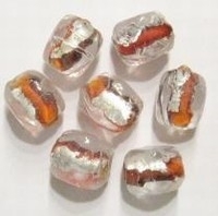 10 x  Indiase glaskraal grillig rond oranje/zilverfolie 10 mm