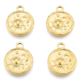 1 x Ion Plating (IP) RVS 201 Maan, zon sterren Bedeltje Real 18K Gold Plated, 19 x 15,5 x 2,5mm, Oogje: 2mm