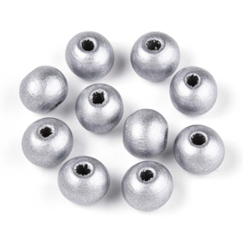 20 x Houten kralen rond 8 x 7 mm – gat 2 mm – zilverkleur