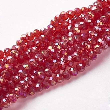 1 x Streng met ca. 87-90 stuks glaskralen facet rondelle briolette kristal – 6 x 4 mm, gat 1 mm – Red AB Plated