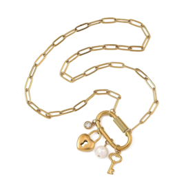 1 x RVS 304 paperclip schakelketting met sleutel- en slotbedel en natuurlijke zoetwaterparel 455 mm – goudkleur