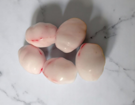5 x Glaskraal wit met rood – 17x13 mm – gat ca. 1 mm
