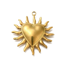 1 x RVS 304 stralende hart bedel Goud kleur, 40 x 37,5 x 6mm oogje:  2,2mm