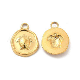 1 x Ion Plating (IP) RVS 304 schildpad bedel Real 18k Gold Plated, 16,5 x 13 x 2,5 mm oogje 2mm