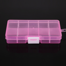 1 x Kunststof kralendoosje sorteerdoos 10 vakjes 12,8 x 6,5 x 2,2 cm – transparant/roze