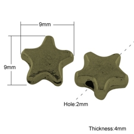 20 stuks Tibetaans zilveren ster kralen geel koper kleur 9 x 9 x 4mm, Gat: 2mm