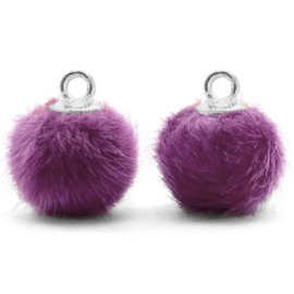 2 x Pompom bedels met oog faux fur 12mm Purple-silver
