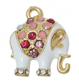 1 x Vergulde bedel witte enamel Olifant met strass 18mm x15mm oogje 2mm