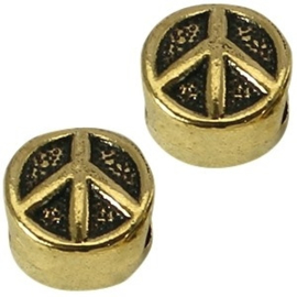 2 x Metalen Kraal Peace 10 mm Medium Antiek Goud Ø 4-5 mm