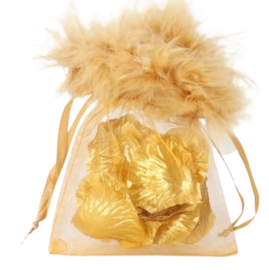 1 x Luxe organza cadeau-zakje goud met veertjes 8 x 10cm