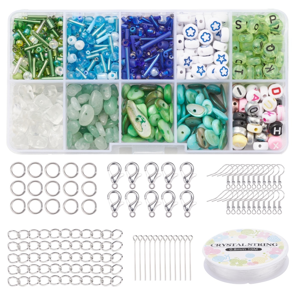 1 x DIY sieraden maken set – natuursteen splitkralen, schelp, acryl en glaskralen – inclusief onderdelen en draad – groen tinten – inclusief opbergdoosje