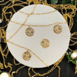 1 x Ion Plating (IP) RVS 201 Maan, zon sterren Bedeltje Real 18K Gold Plated, 23,5 x 20 x 2,5mm, Oogje: 2mm