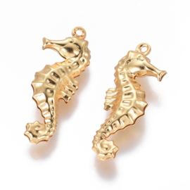 1 x  RVS 304 Zeepaardje Bedeltje Real 18K Gold Plated,26,5 x 10 x 4mm, Oogje: 1mm