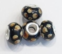 Per stuk Glaskraal European-style zwart met beige stippen 14 mm